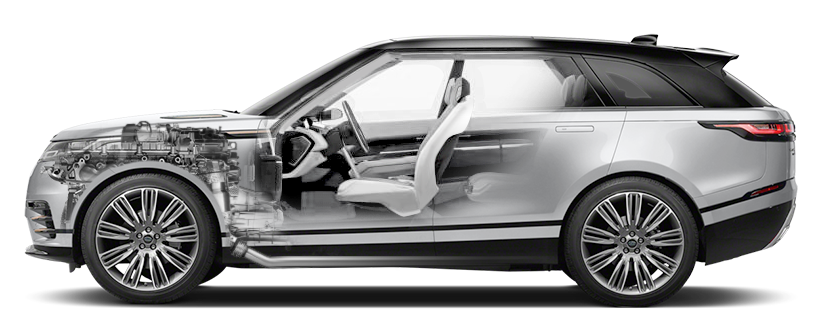 Vehicle cutaway showing engine and interior components